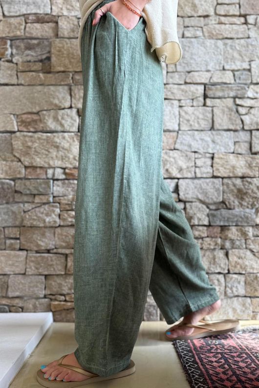 Lindin Linen Blend Crochet Flower Barrel Pant Washed Khaki